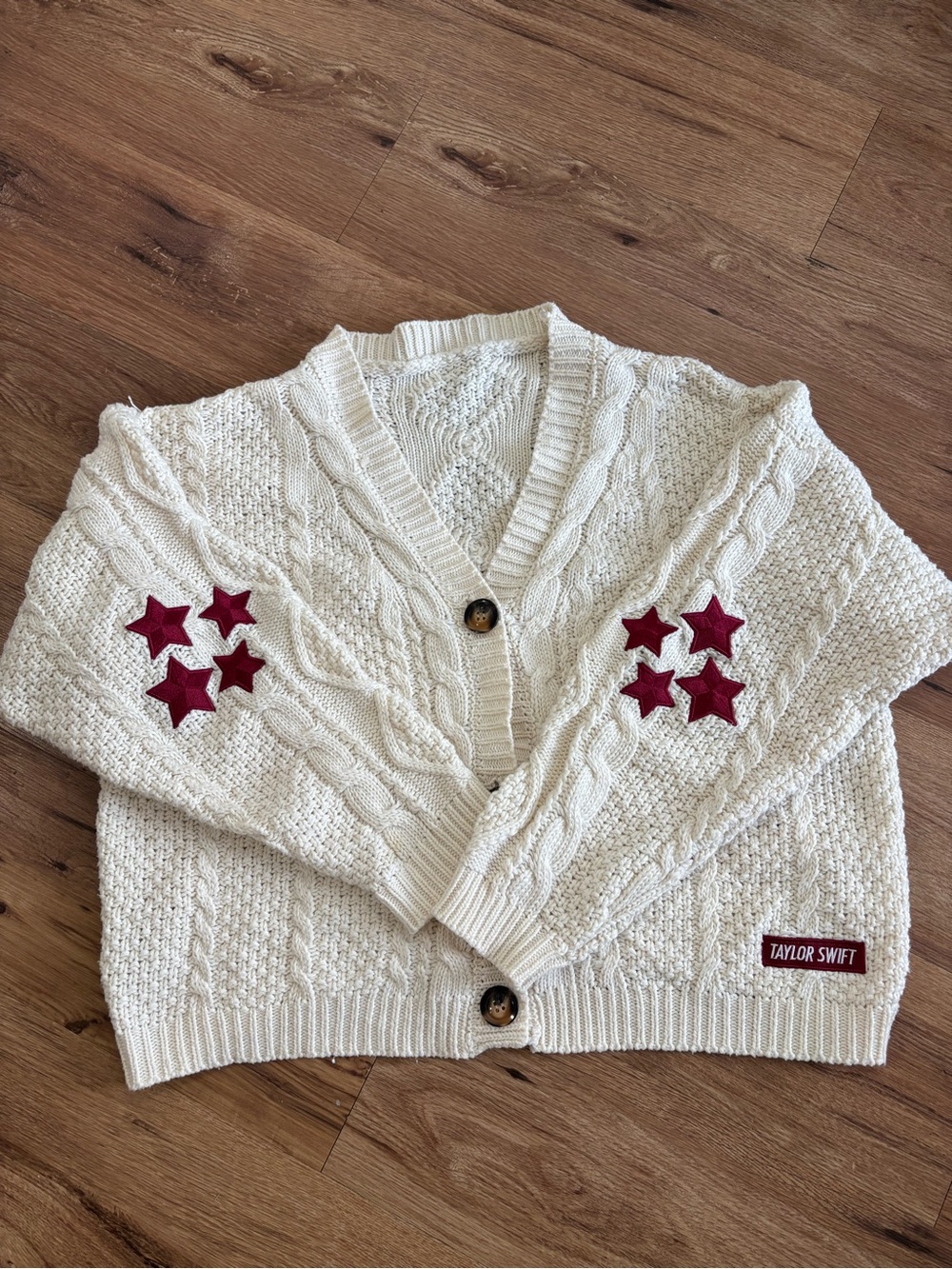 Taylor Swift Cream Cable Knit Cardigan with Burgundy Star Appliqués